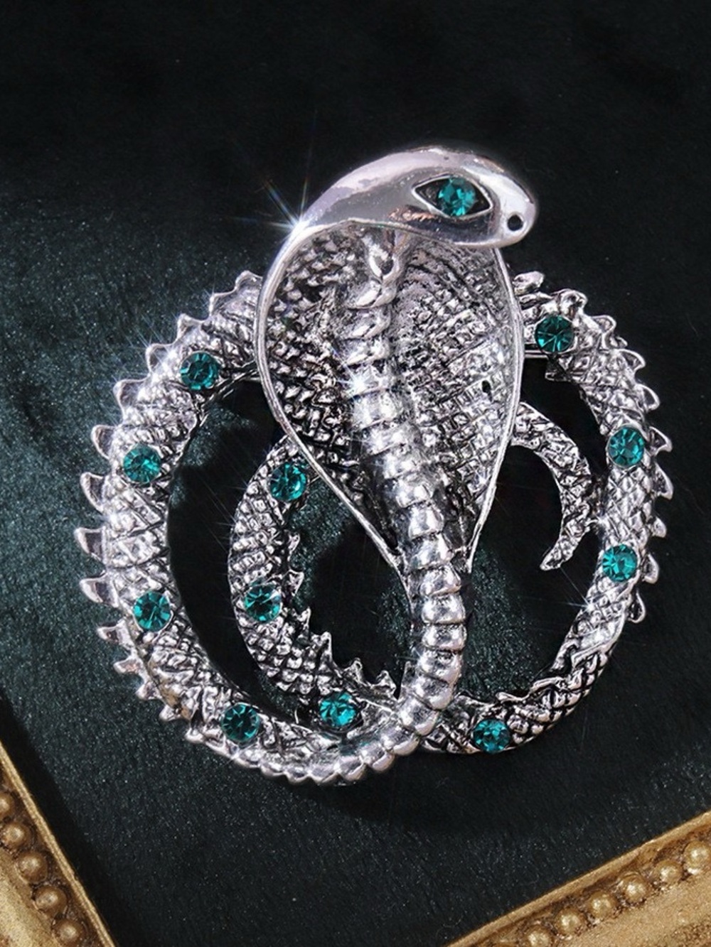 Silver Tone Cobra Snake Brooch with Teal Rhinestones Jeweled Serpent Pin